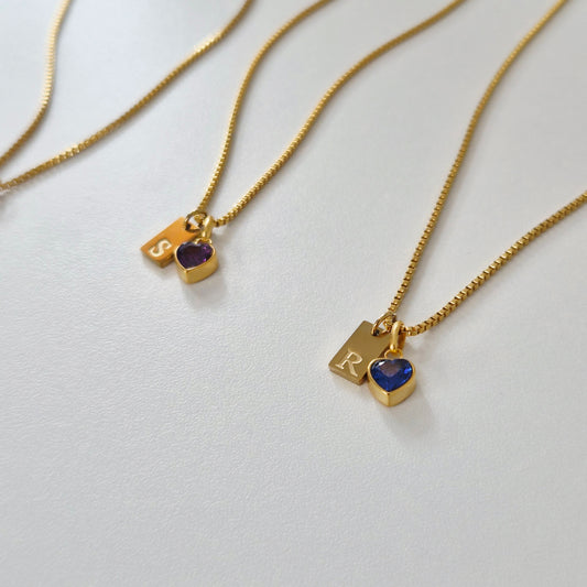 Heart Birthstone Initial Tag Necklace