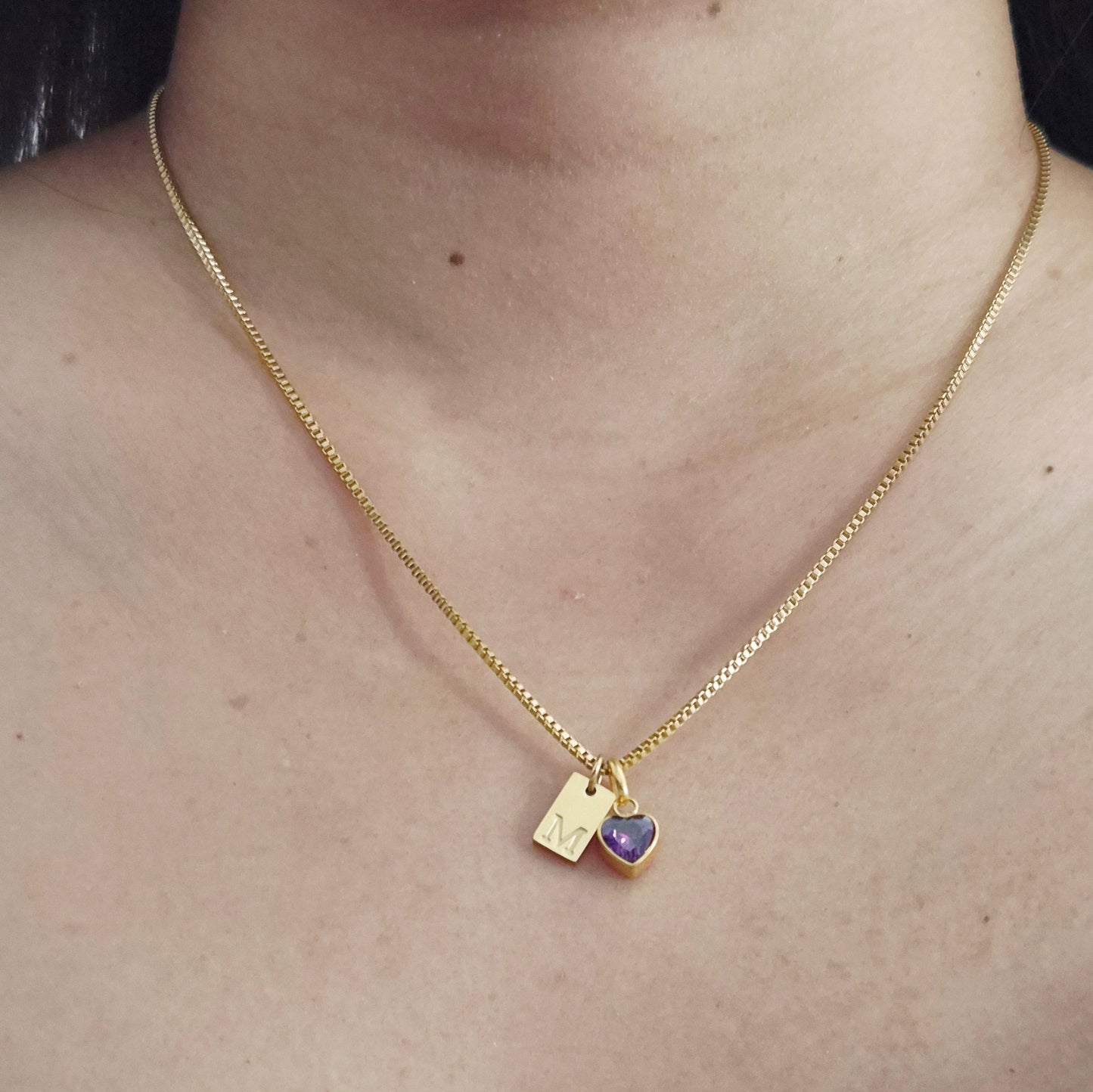 Heart Birthstone Initial Tag Necklace