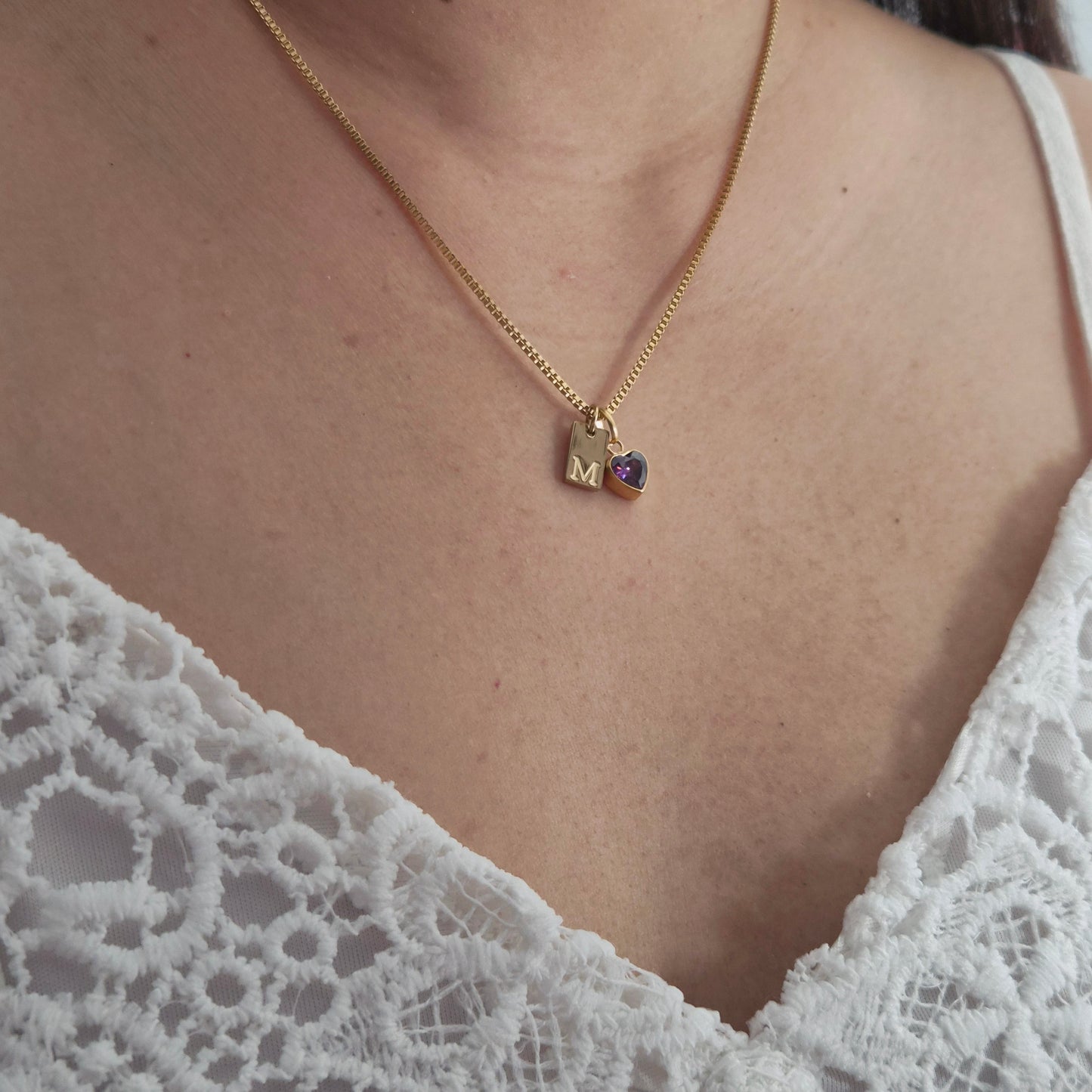 Heart Birthstone Initial Tag Necklace