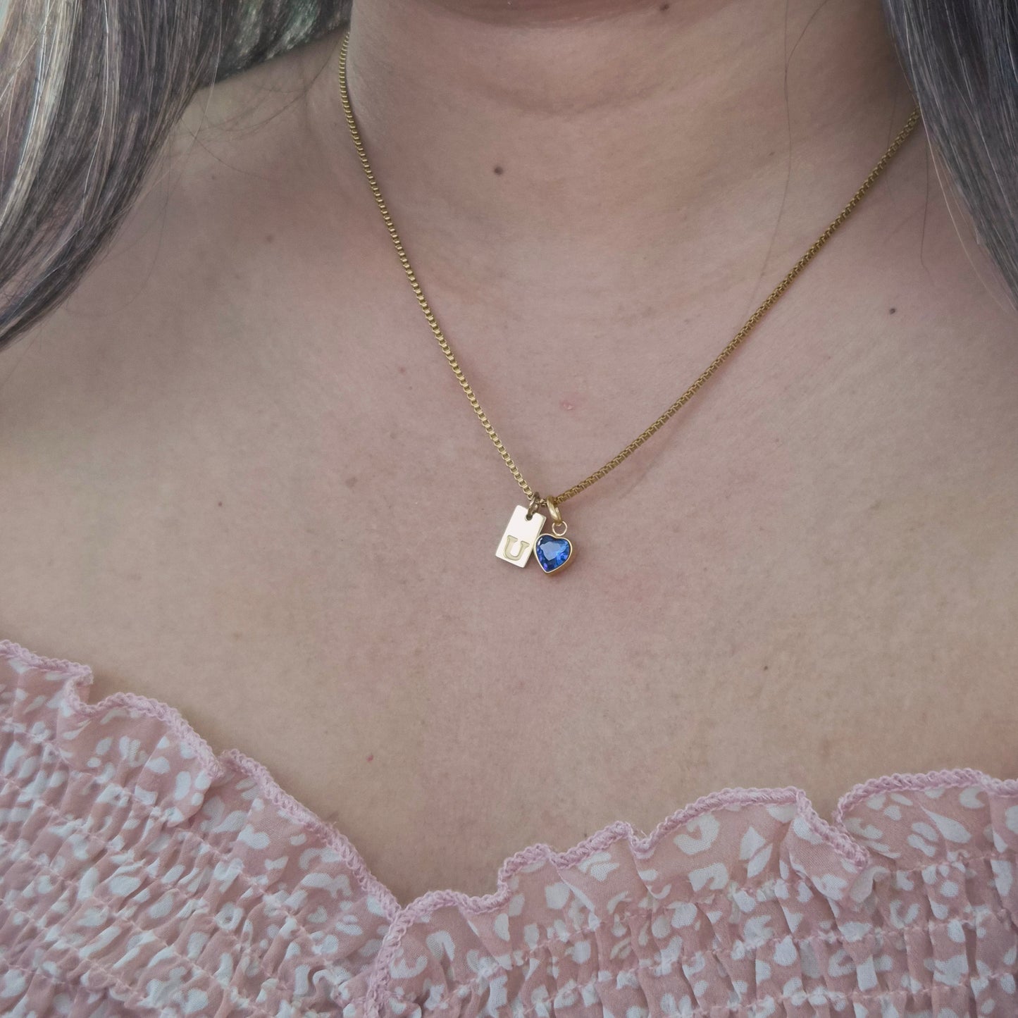 Heart Birthstone Initial Tag Necklace