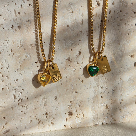 Heart Birthstone Initial Tag Necklace